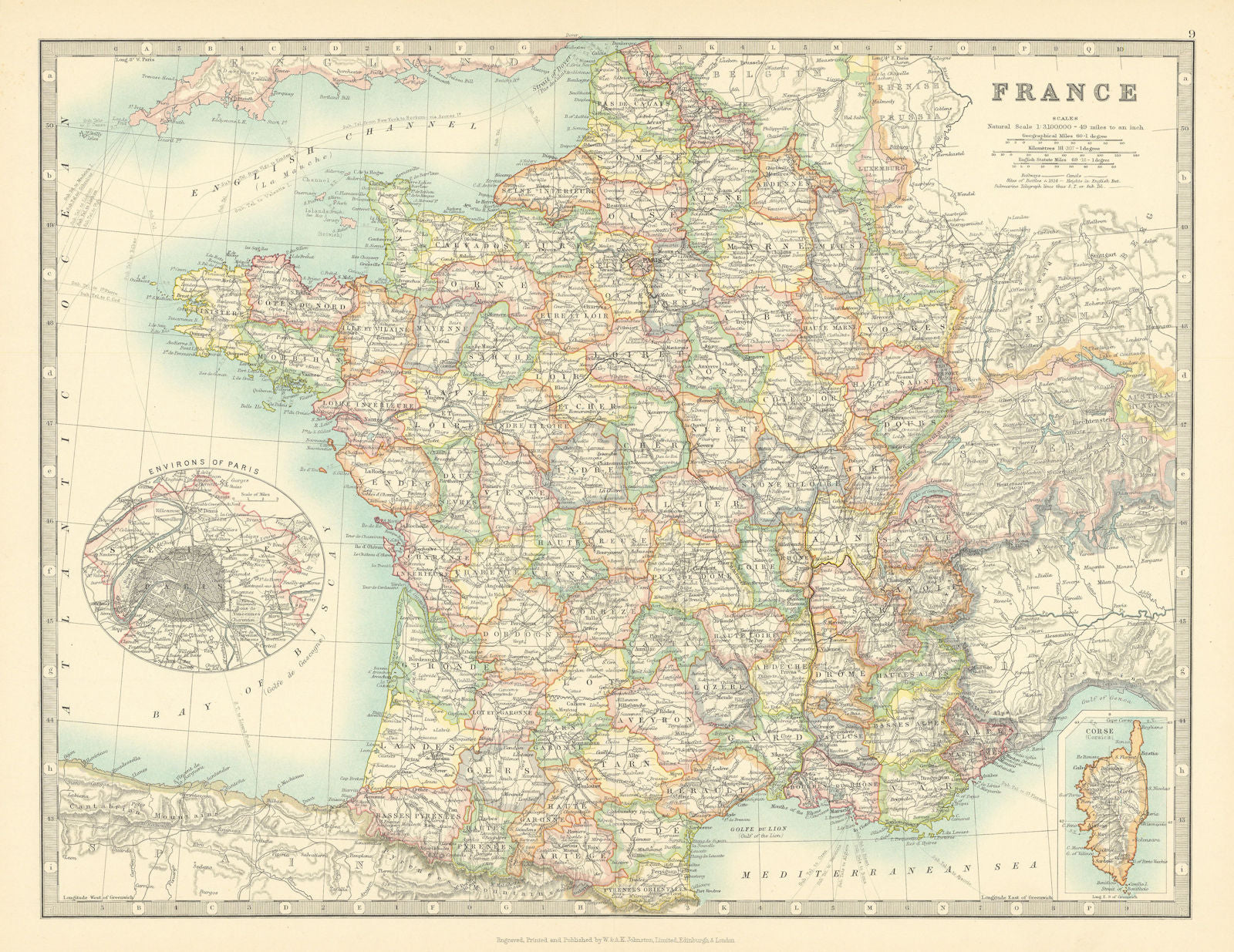 FRANCE showing important battlefields and dates. JOHNSTON 1911 old antique map